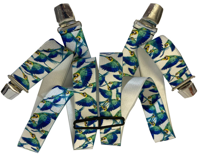 Hosenträger mit Papagei - ARA - KAKADU- (KUNSTSEIDE, weiß)