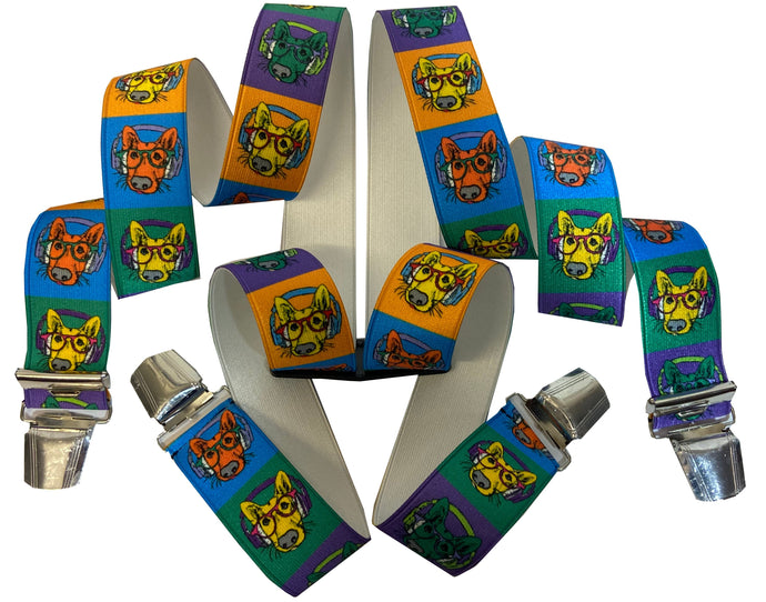 Hosenträger - WITZIG LUSTIG FARBENFROH - Hund mit Brille (BUNT)